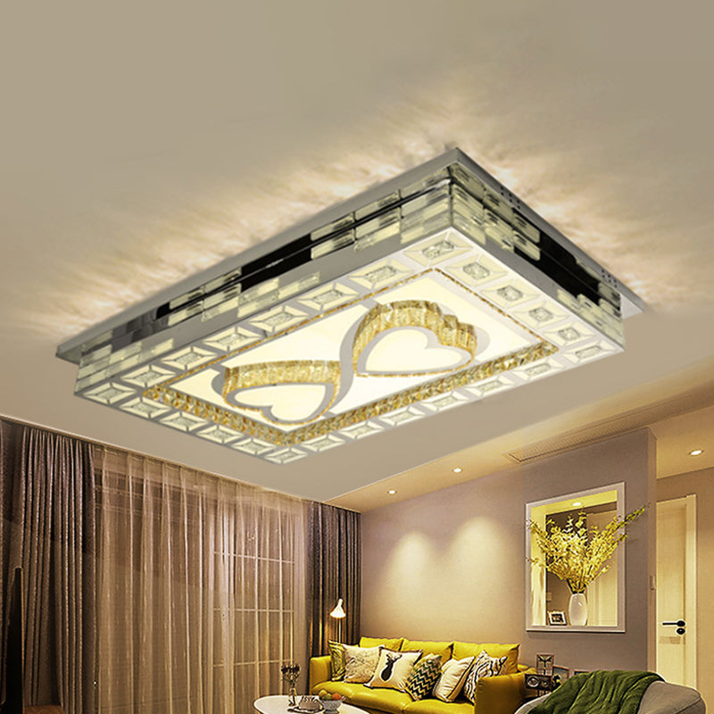 Rectangle Living Room Ceiling Lamp Minimal Amber Crystal LED Chrome Flush Light with Flower/Heart/Square Pattern