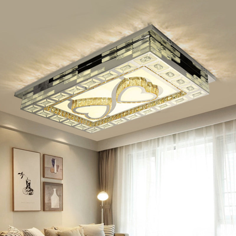 Rectangle Living Room Ceiling Lamp Minimal Amber Crystal LED Chrome Flush Light with Flower/Heart/Square Pattern