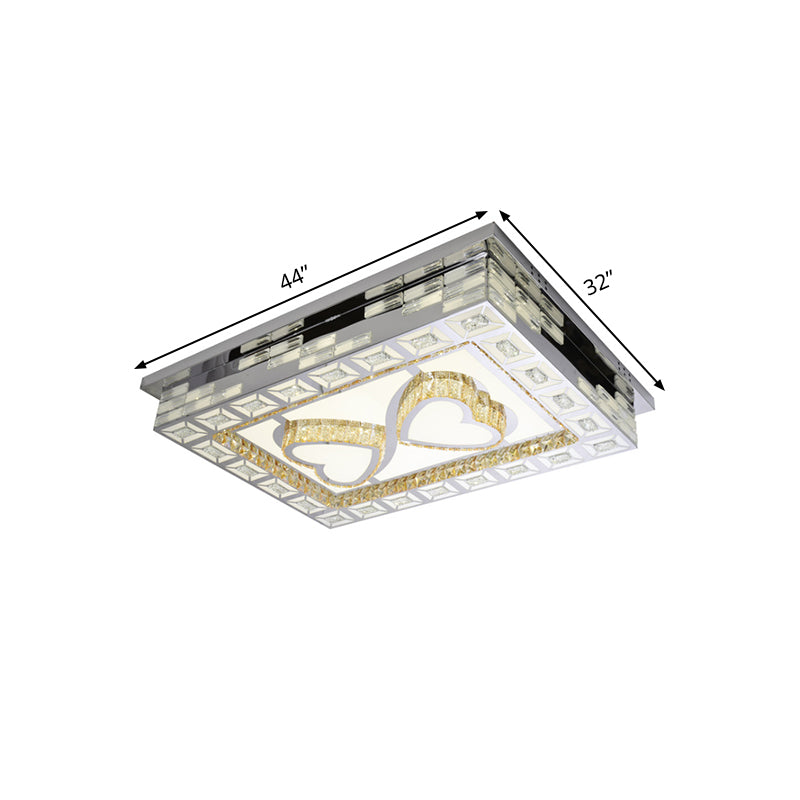Rectangle Living Room Ceiling Lamp Minimal Amber Crystal LED Chrome Flush Light with Flower/Heart/Square Pattern