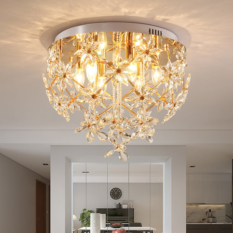 Gold Crisscrossed Flower Flush Chandelier Modern Stylish Crystal 6-Light Dining Table Ceiling Mount Lamp