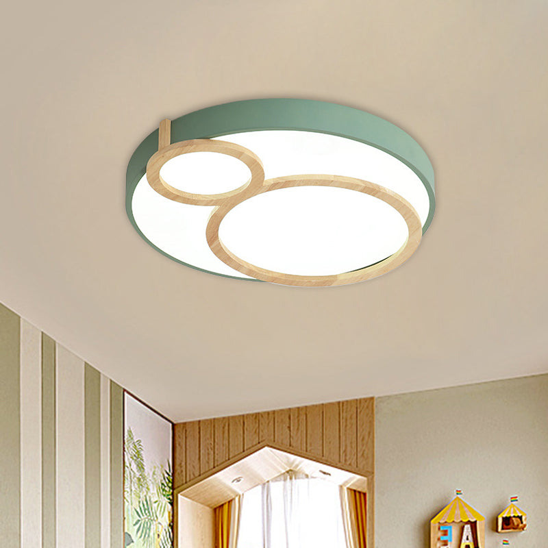 Circular Flush Mounted Light Fixture Macaron Acrylic White/Green/Grey and Wood LED Flush Lamp Fixture