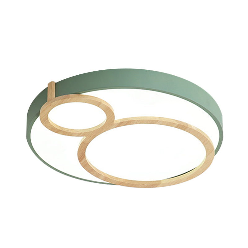 Circular Flush Mounted Light Fixture Macaron Acrylic White/Green/Grey and Wood LED Flush Lamp Fixture