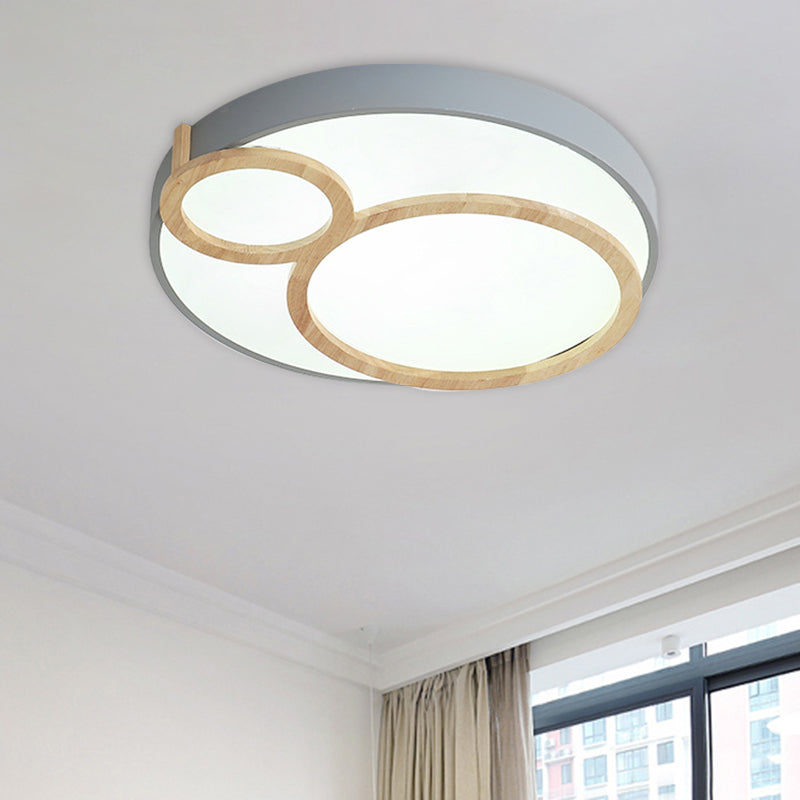 Circular Flush Mounted Light Fixture Macaron Acrylic White/Green/Grey and Wood LED Flush Lamp Fixture