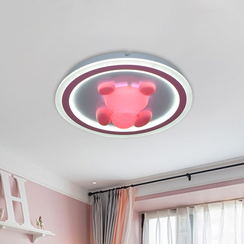 LED Bedroom Flush Mounted Light Cartoon Pink Finish Ceiling Flush with Flower/Bear Acrylic Shade