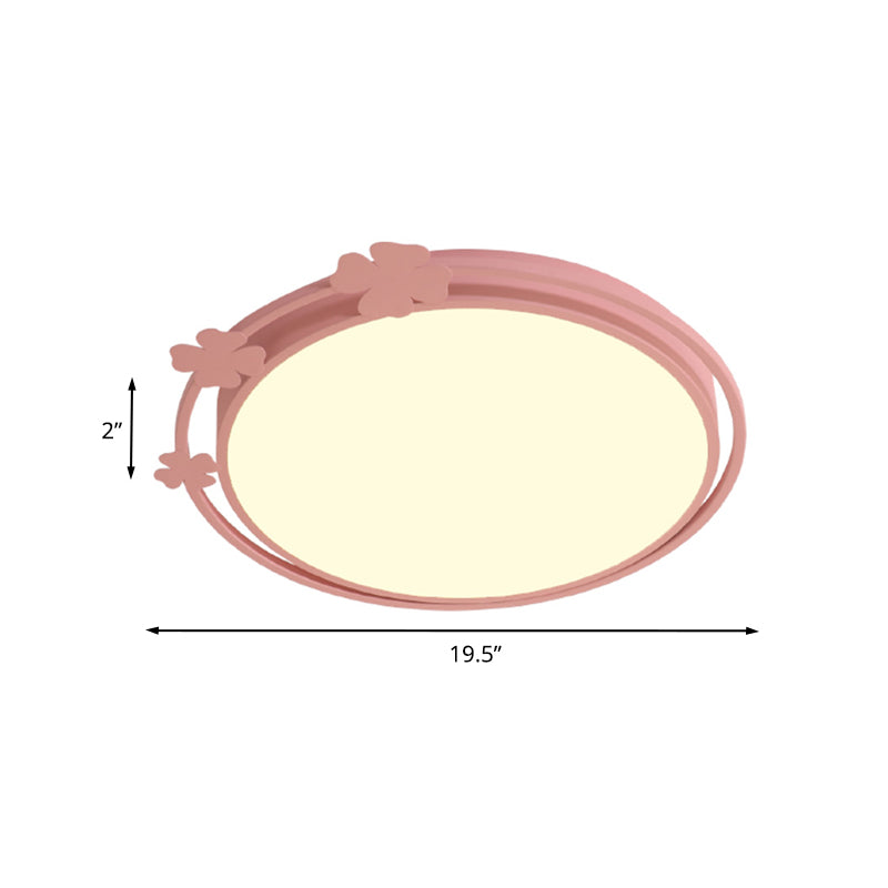 Round Metallic Flush Mount Kids LED Pink Flushmount Light with Clover Deco in White/Warm Light