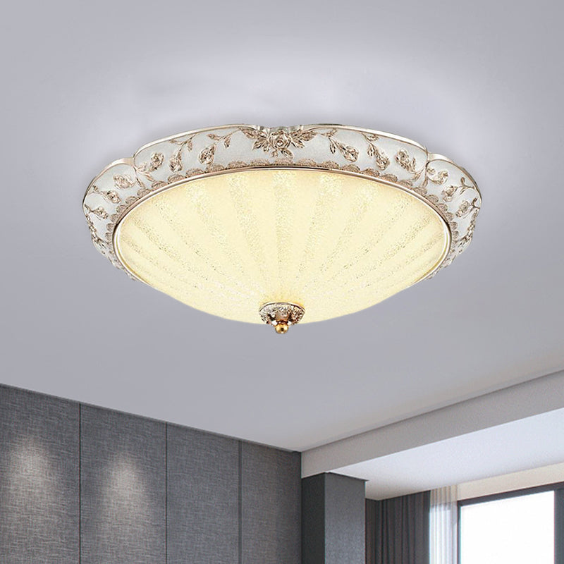 Bowl-Shaped Bedroom Flush Mount Traditional White Glass LED Beige Flushmount with Carved Trim