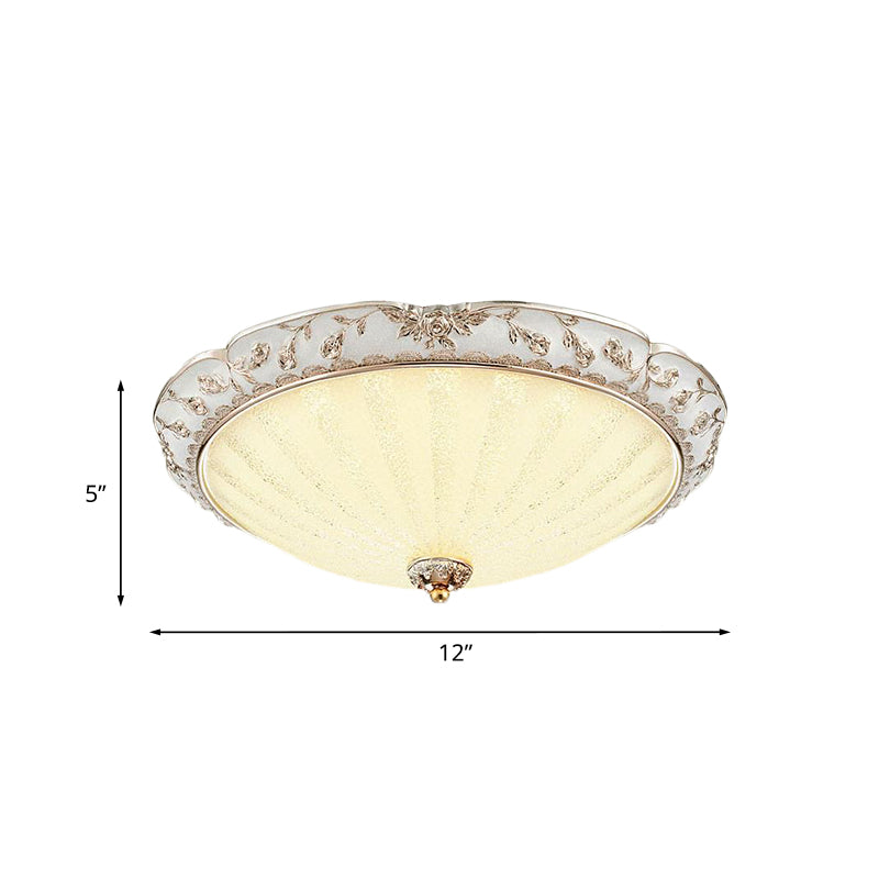 Bowl-Shaped Bedroom Flush Mount Traditional White Glass LED Beige Flushmount with Carved Trim