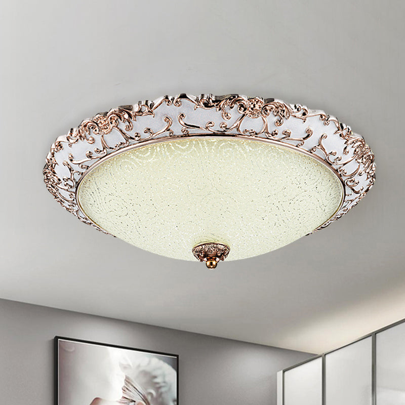 Bowl-Shaped Bedroom Flush Mount Traditional White Glass LED Beige Flushmount with Carved Trim