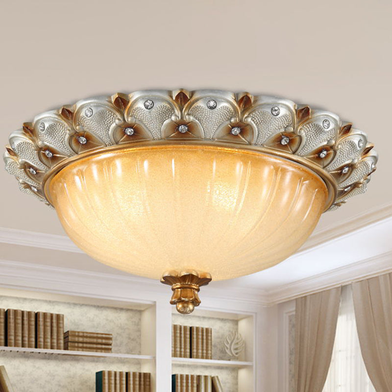 Bronze/White 3-Bulb Flushmount Traditionalist Yellow Glass Flush Mount Light Fixture for Living Room
