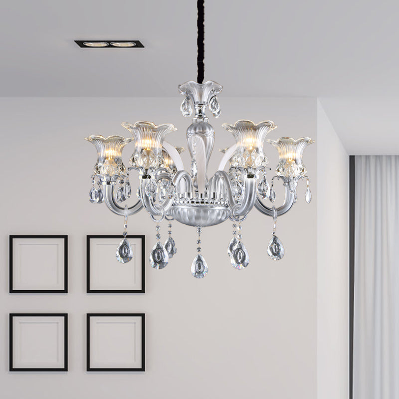 Silver Lampada il lampadario da 6/8 Luci Light Lampada a filo in vetro a costola trasparente con goccia di cristallo