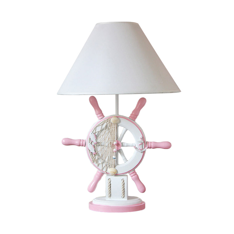 Rudder Wood Table Lamp Cartoon 1 Head Pink/Green Nightstand Lamp with Cone Fabric Shade for Bedroom