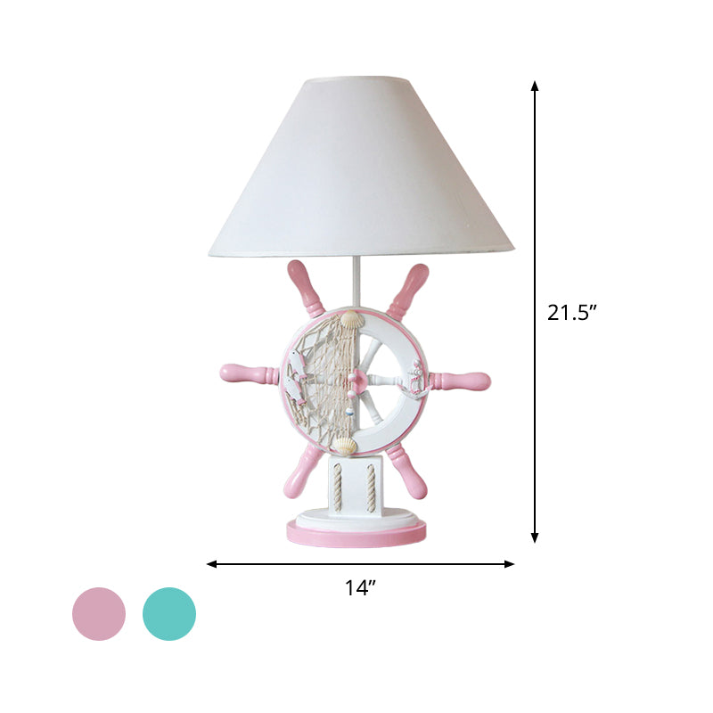 Rudder Wood Table Lamp Cartoon 1 Head Pink/Green Nightstand Lamp with Cone Fabric Shade for Bedroom