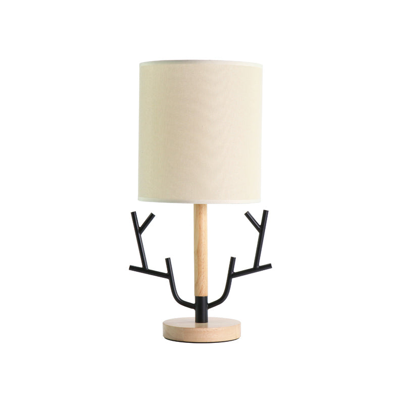 Black Branch Night Table Lamp Modern 1 Head Wood Reading Light for Bedroom with Cylinder Fabric