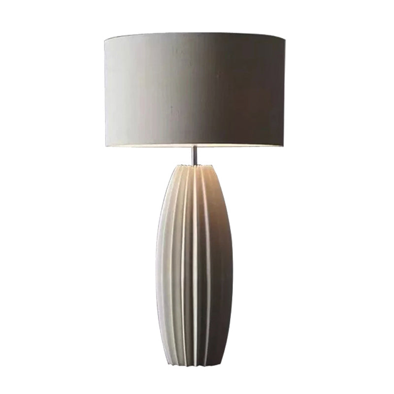 Modern 1-Light Ceramics Night Light with Fabric Shade Grey Finish Drum Nightstand Lamp
