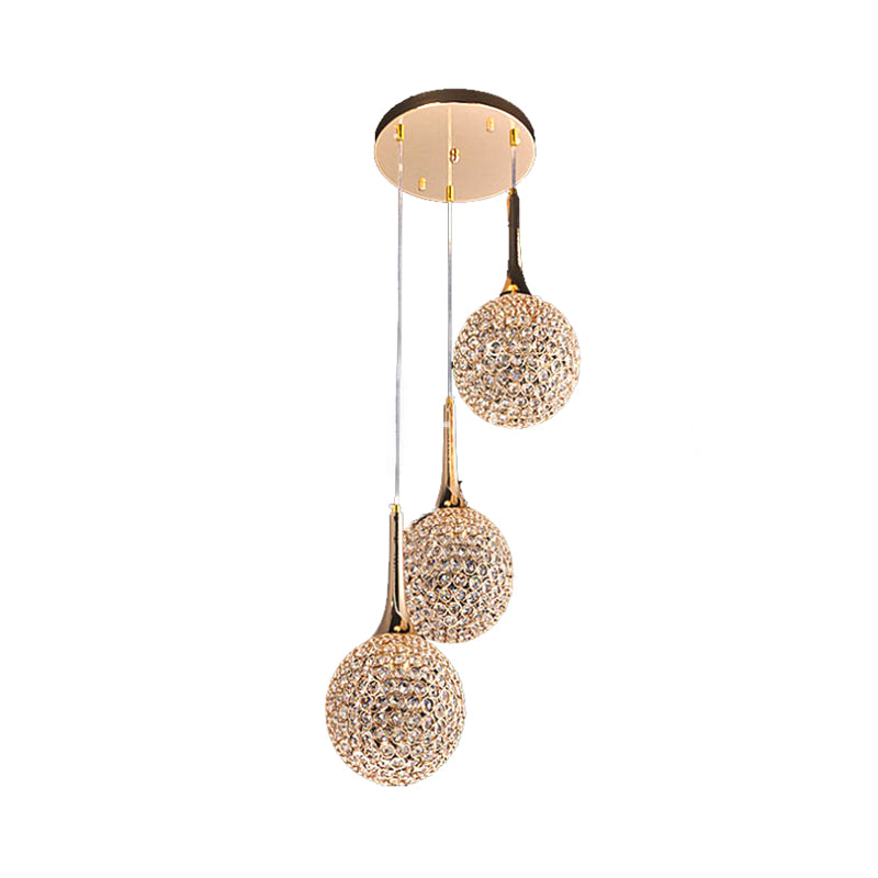 3/8 Heads Multi Light Pendant Simple Dining Room Hanging Lamp Kit with Globe Crystal Encrusted Shade in Gold