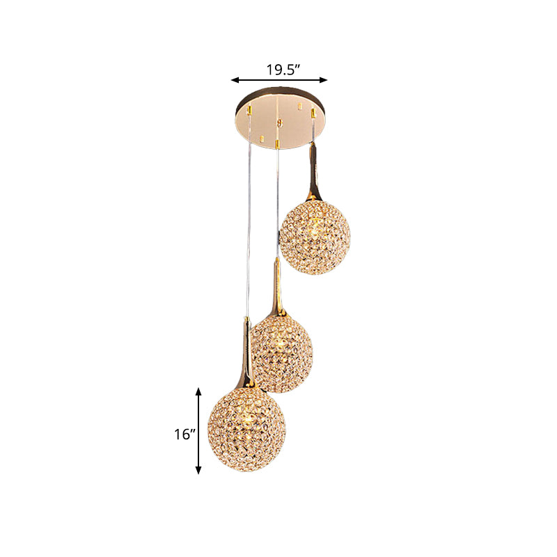 3/8 Heads Multi Light Pendant Simple Dining Room Hanging Lamp Kit with Globe Crystal Encrusted Shade in Gold