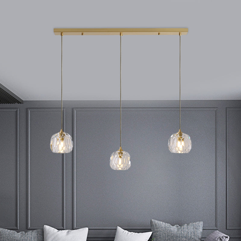 Gold 3 Heads Cluster Pendant Light Light Contemporain Faceted Crystal Dousse de lampe suspendue avec une verrière rond / linéaire