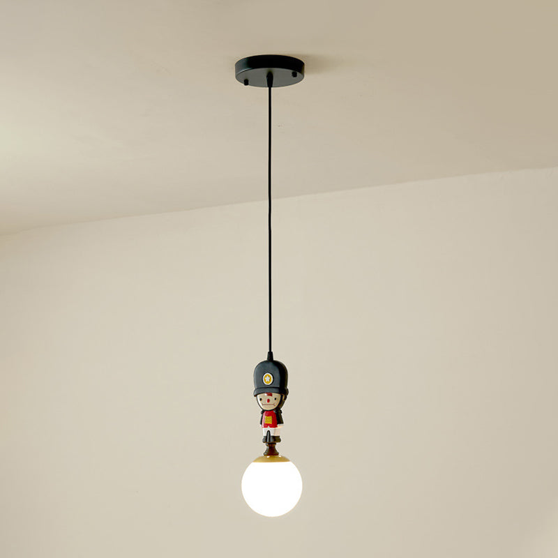 Globe Glass Hanging Lamp Cartoon 1 Head Black Pendant Lighting with Soldier Decoration