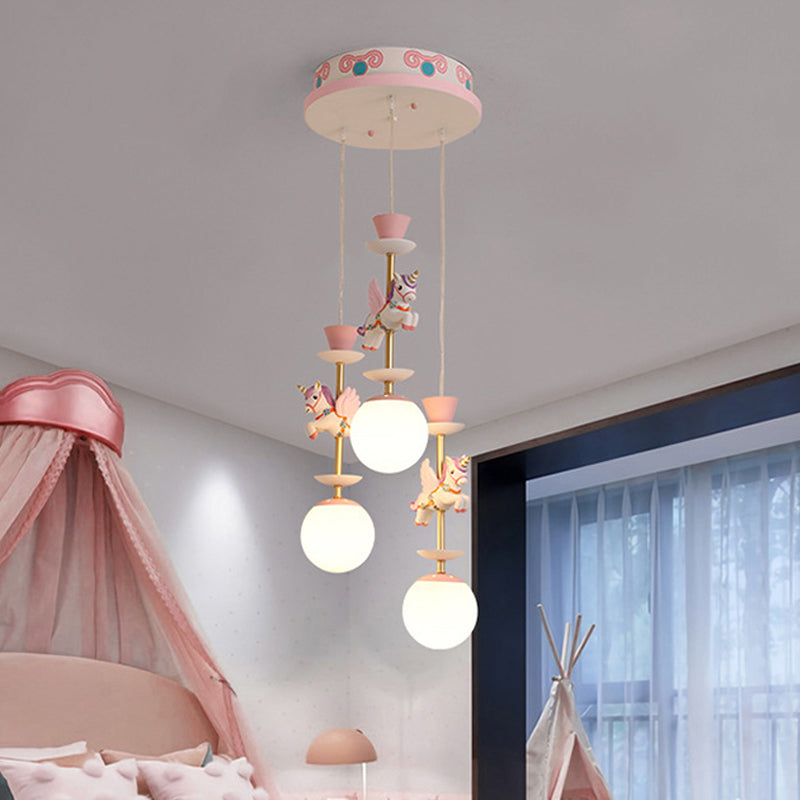 Globe Bedroom Hanging Ceiling Light Glass 3/5 Heads Cartoon Cluster Pendant in Pink/Blue
