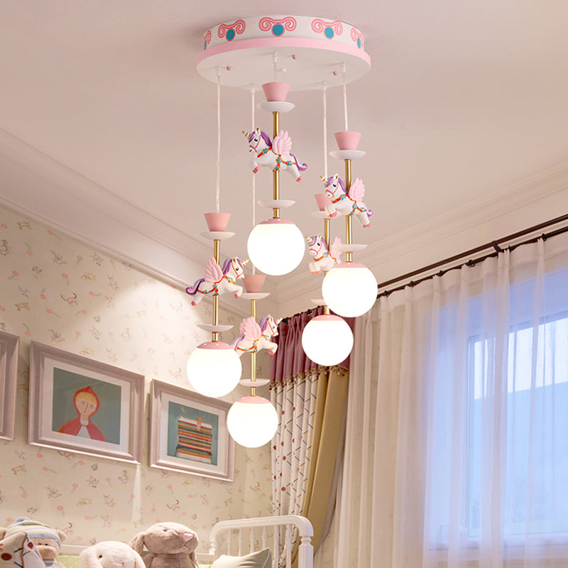 Globe Bedroom Hanging Ceiling Light Glass 3/5 Heads Cartoon Cluster Pendant in Pink/Blue