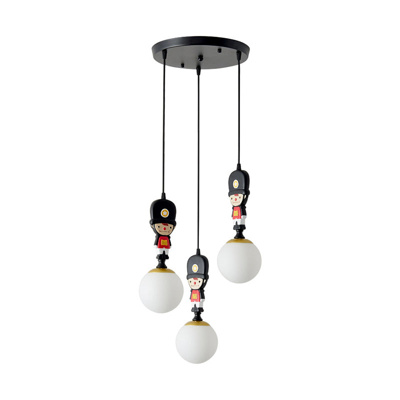 Globe Hanging Light Kit Cartoon Glass 3 Heads Black Muti Light Pendant with Soldier Decoration