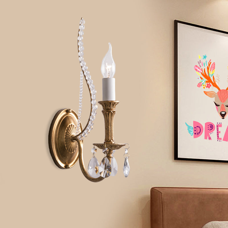 Crystal Strand Candelabra Wall Lighting Country 1/2-Head Bedroom Wall Mount Light Fixture in Gold