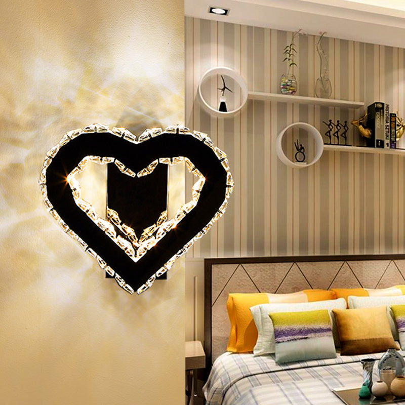 LED Loving Heart Wall Hanging Light Modernism Black Faceted Crystal Wall Lighting Ideas for Bedroom