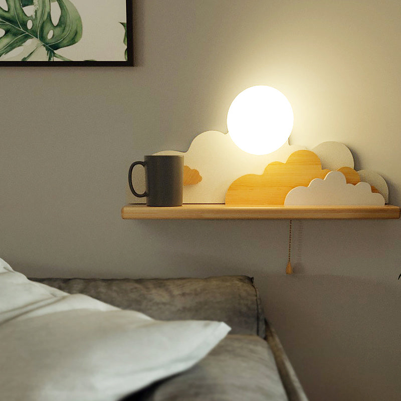 Modern Cloud Wood Sconce Light 1 Light Wall Mounted Light in Blue/White/Gray with Round Glass Shade and on/off Pull Chain