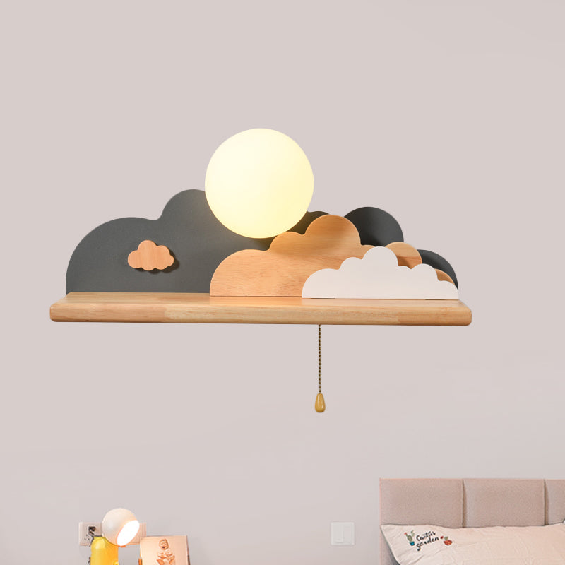 Modern Cloud Wood Sconce Light 1 Light Wall Mounted Light in Blue/White/Gray with Round Glass Shade and on/off Pull Chain