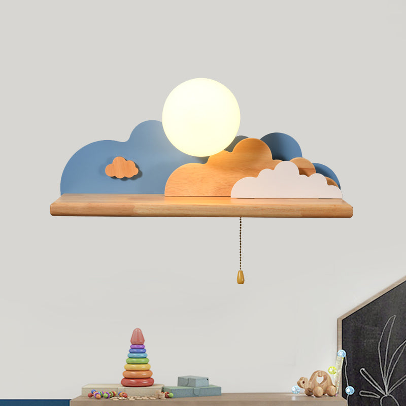 Modern Cloud Wood Sconce Light 1 Light Wall Mounted Light in Blue/White/Gray with Round Glass Shade and on/off Pull Chain