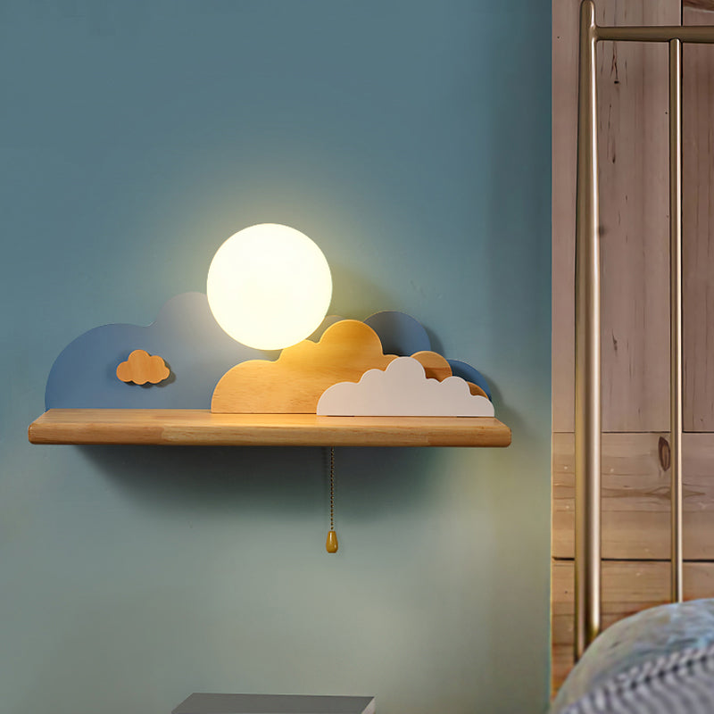 Modern Cloud Wood Sconce Light 1 Light Wall Mounted Light in Blue/White/Gray with Round Glass Shade and on/off Pull Chain