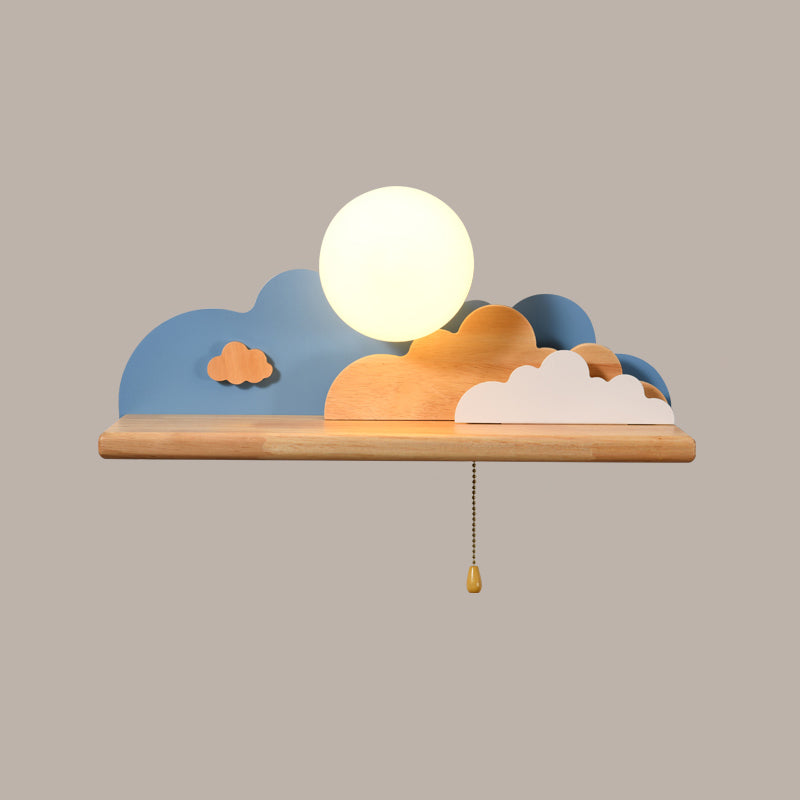 Modern Cloud Wood Sconce Light 1 Light Wall Mounted Light in Blue/White/Gray with Round Glass Shade and on/off Pull Chain