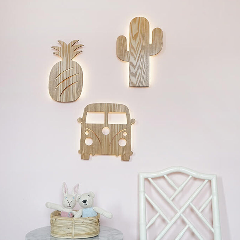 Modern Led Sconce Lighting with Wood Shade Beige Car/Pineapple/Cactus Wall Mounted Light for Bedroom