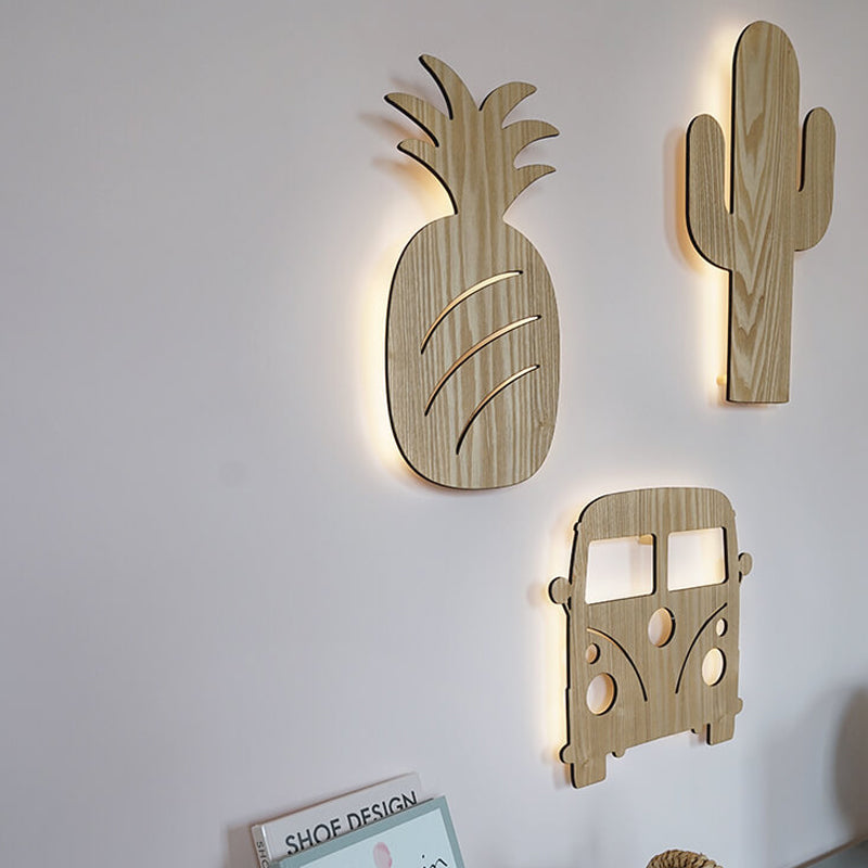 Modern Led Sconce Lighting with Wood Shade Beige Car/Pineapple/Cactus Wall Mounted Light for Bedroom