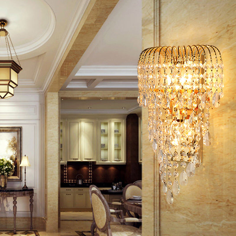 Cascading Crystal Strand Wall Lamp Traditional 3 Lights Living Room Sconce Light in Gold