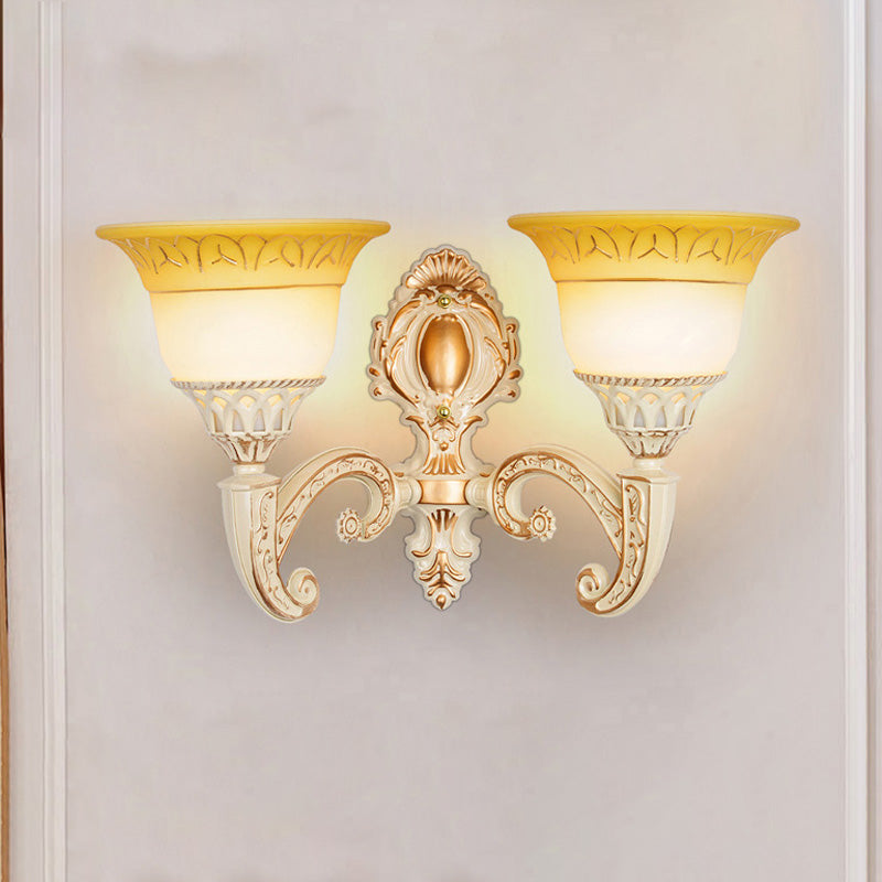 Curved Arm Metal Wall Lamp Vintage 1/2-Head Living Room Sconce with Flared Beige Glass Shade