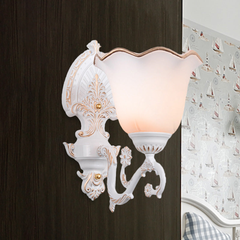 Blossom White Glass Wall Light Retro 1/2-Bulb Bedroom Wall Sconce Lamp with Metal Curving Arm
