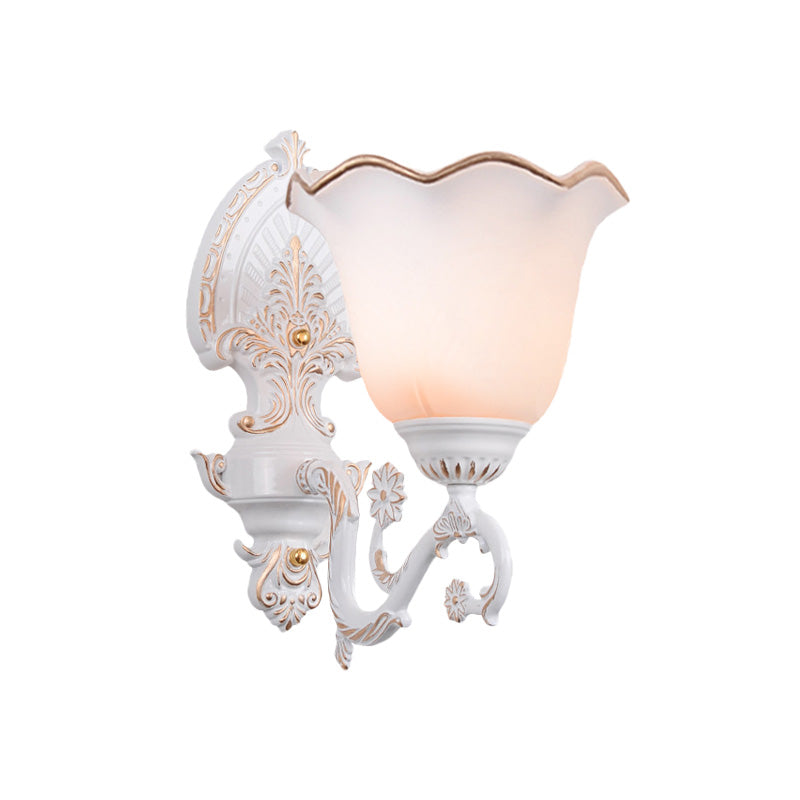 Blossom White Glass Wall Light Retro 1/2-Bulb Bedroom Wall Sconce Lamp with Metal Curving Arm