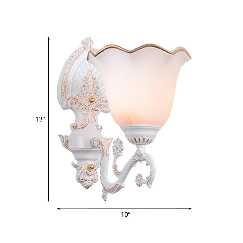 Blossom White Glass Wall Light Retro 1/2-Bulb Bedroom Wall Sconce Lamp with Metal Curving Arm