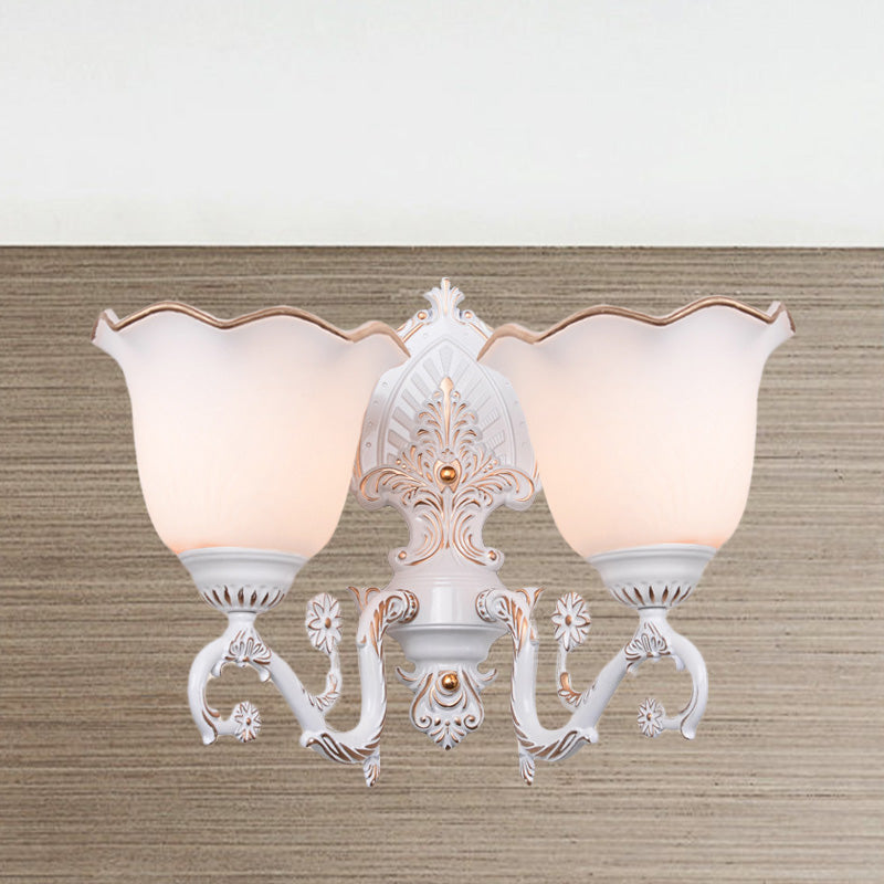 Blossom White Glass Wall Light Retro 1/2-Bulb Bedroom Wall Sconce Lamp with Metal Curving Arm