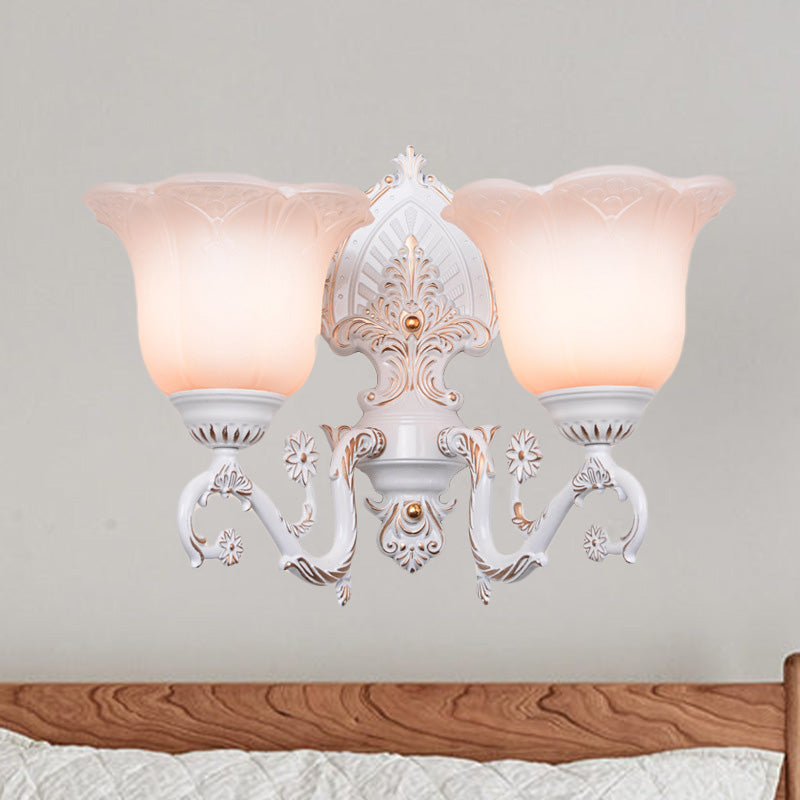Blossom White Glass Wall Light Retro 1/2-Bulb Bedroom Wall Sconce Lamp with Metal Curving Arm
