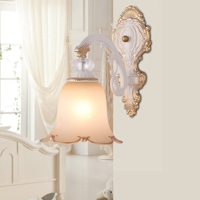 Swooping Arm Bedroom Wall Light Classic Frosted Glass 1 Bulb Beige Wall Sconce Lamp