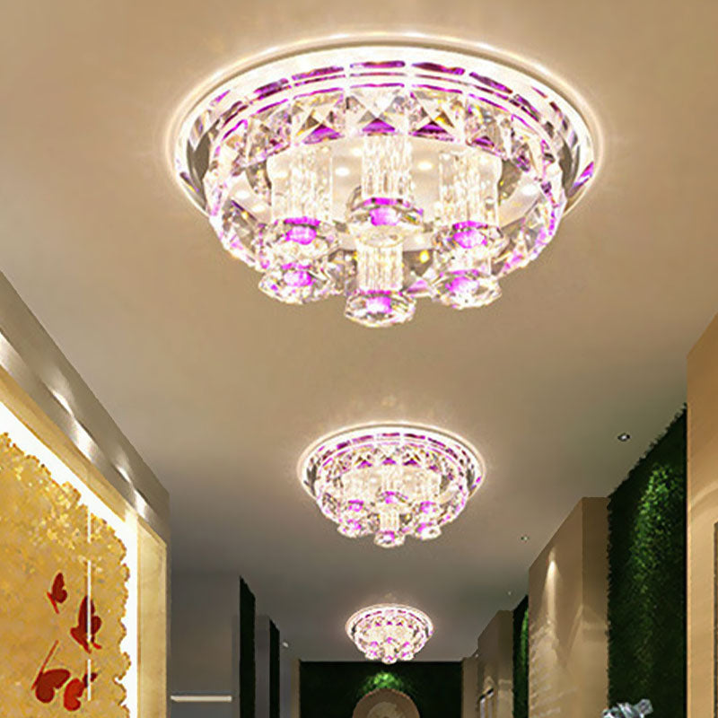 LED Clear Prism Crystal Flush Mount Lamp Minimal Purple Round Ceiling Light Fixture for Hallway