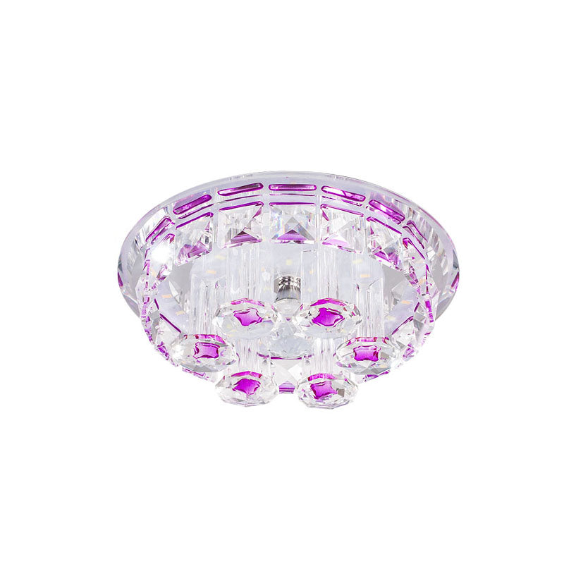 LED Clear Prism Crystal Flush Mount Lamp Minimal Purple Round Ceiling Light Fixture for Hallway