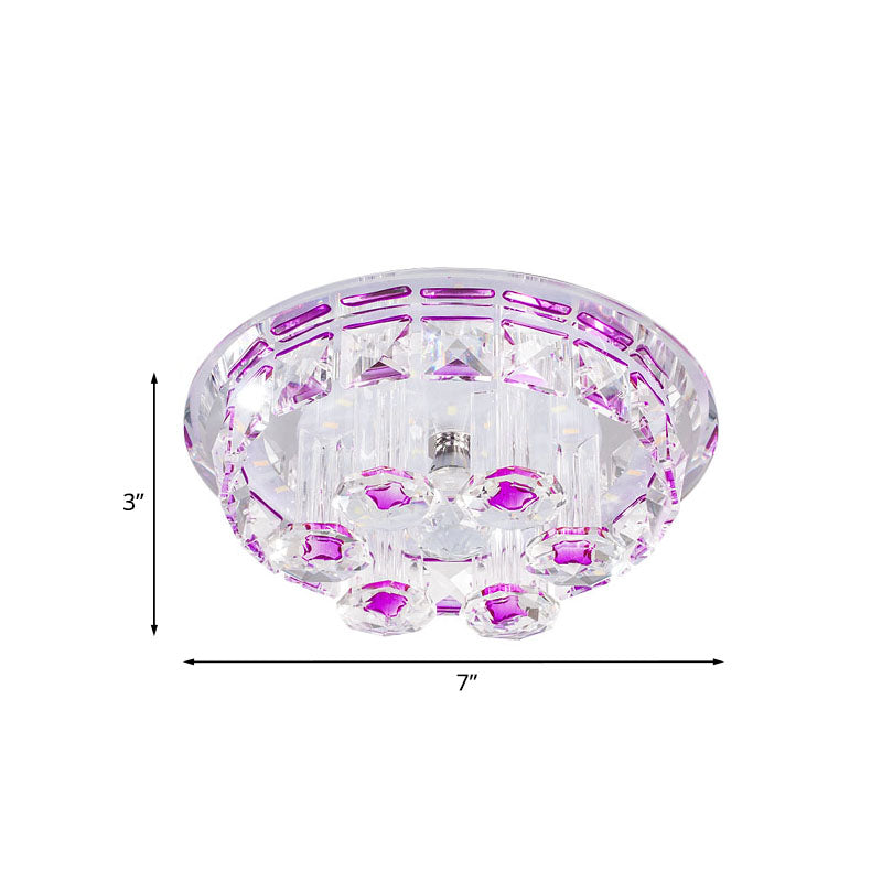 LED Clear Prism Crystal Flush Mount Lamp Minimal Purple Round Ceiling Light Fixture for Hallway