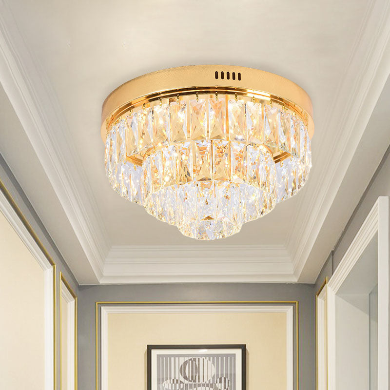 Gold 16"/24" Wide LED Flushmount Lighting Modern Crystal Block Tiered Round Ceiling Fixture with Cone Design
