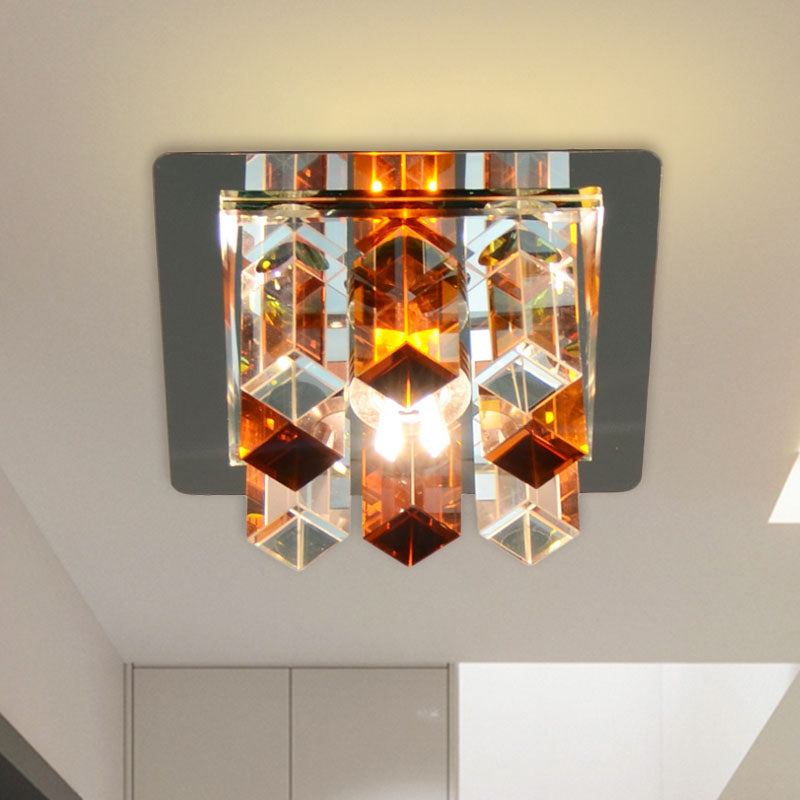 LED Flush Mount Light Minimal Square Blue/Clear/Tan Crystal Block Close to Ceiling Lamp for Hallway