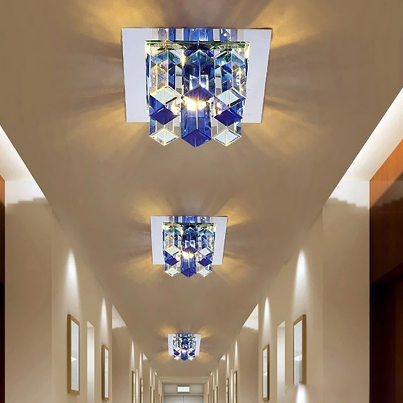 LED Flush Mount Light Minimal Square Blue/Clear/Tan Crystal Block Close to Ceiling Lamp for Hallway