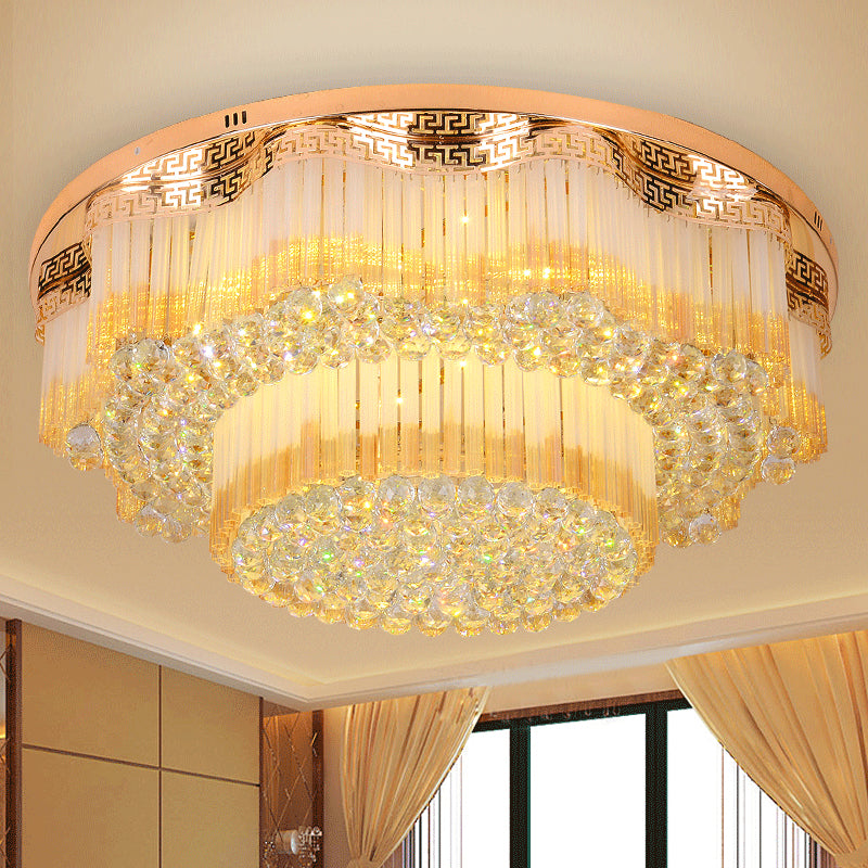 LED Flush Mount Lamp Simple 2-Tiered K9 Crystal Ceiling Light Fixture in Gold for Living Room