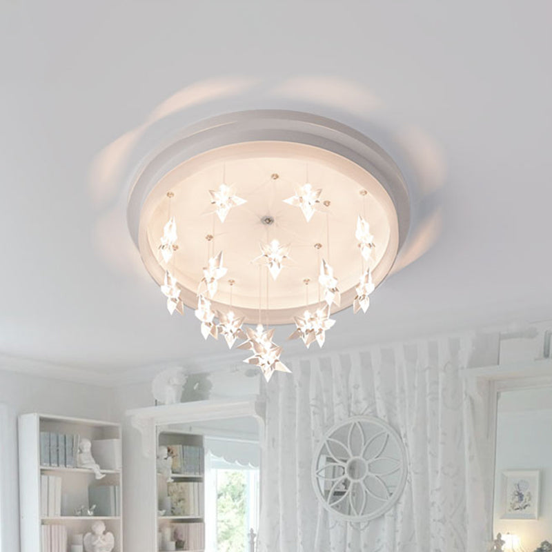Modern Circle Flush Mount Lighting Acrylic Kids Bedroom LED Ceiling Fixture with Star Drape, Warm/White Light